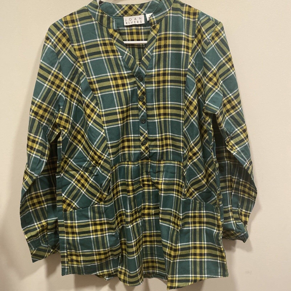 Joan Rivers Women Long- Sleeve Tunic Top Green Plaid Shirt with Pockets Sz 8 NWT